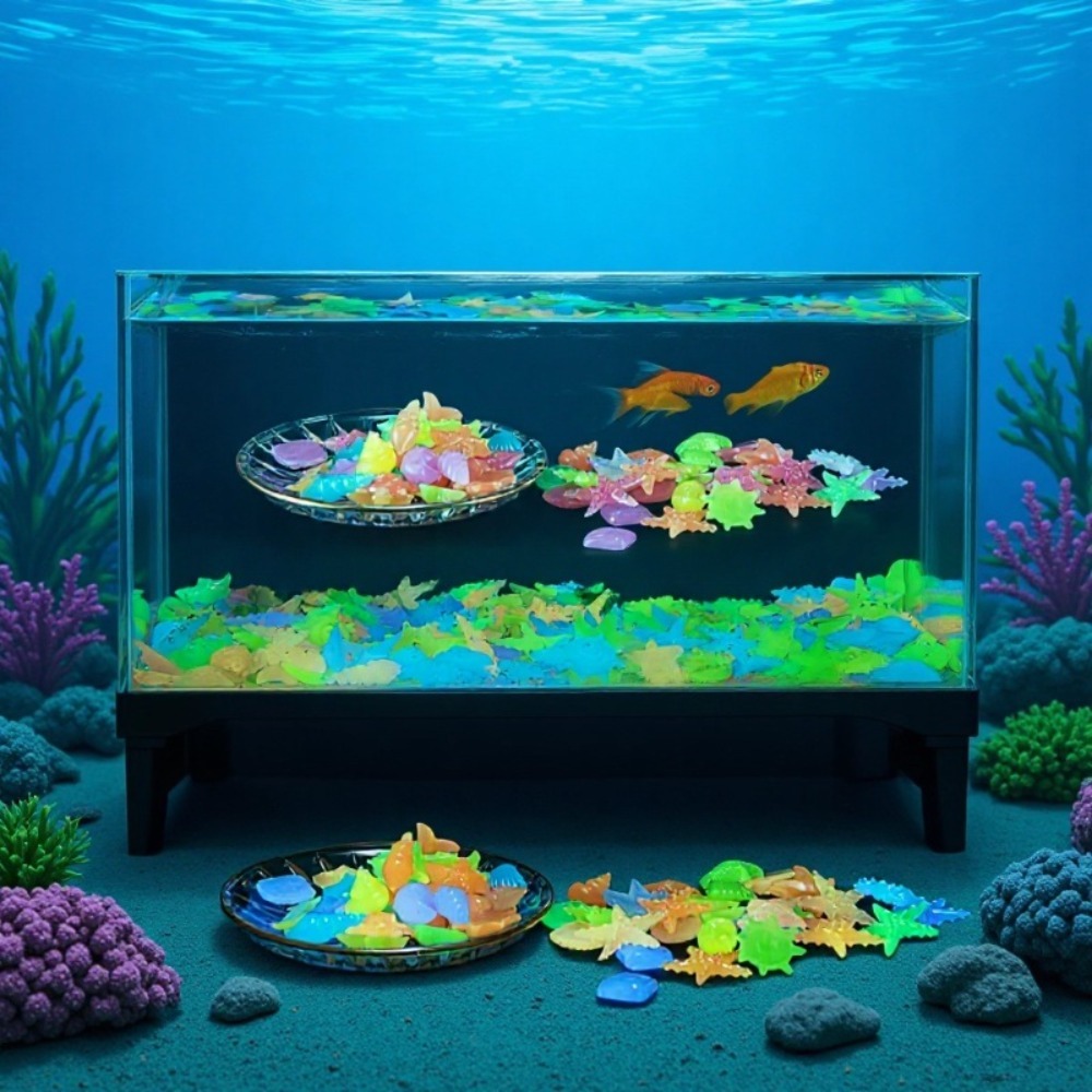 Planted Aquarium Supplies - 光る発光海洋石、蛍光貝殻、カラフルなヒトデ、水槽の景観装飾用、暗闇で光る